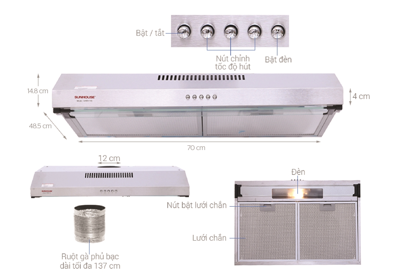 Máy hút mùi vỏ inox SUNHOUSE SHB6118I
