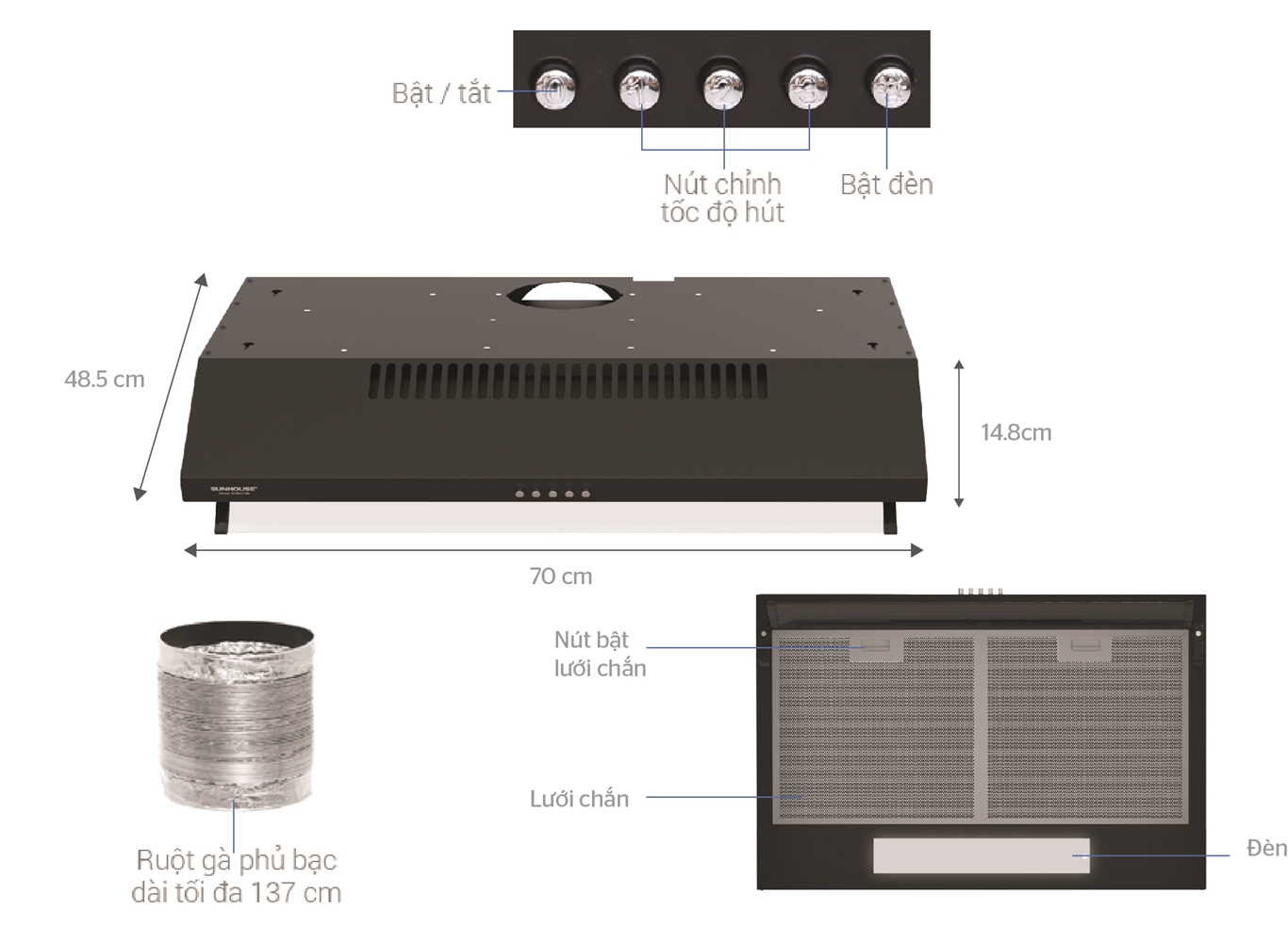 Máy hút mùi vỏ sơn SUNHOUSE SHB6118B