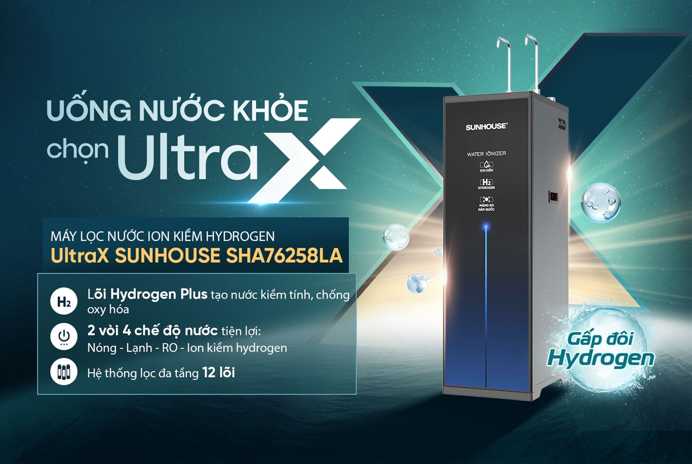 Máy lọc nước ion kiềm hydrogen ultrax SUNHOUSE SHA76258LA