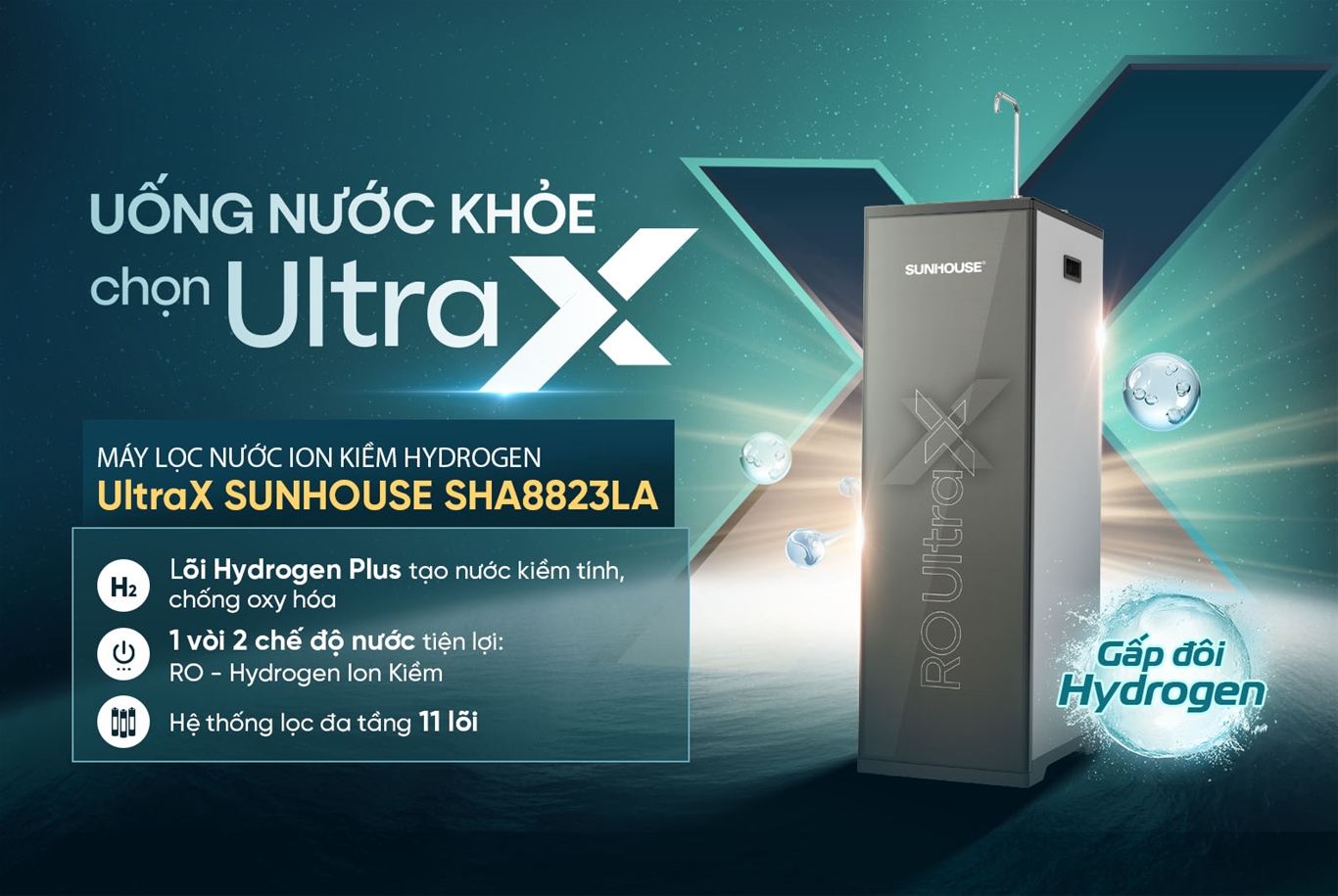 Máy lọc nước ion kiềm Hydrogen UltraX SUNHOUSE SHA8823LA