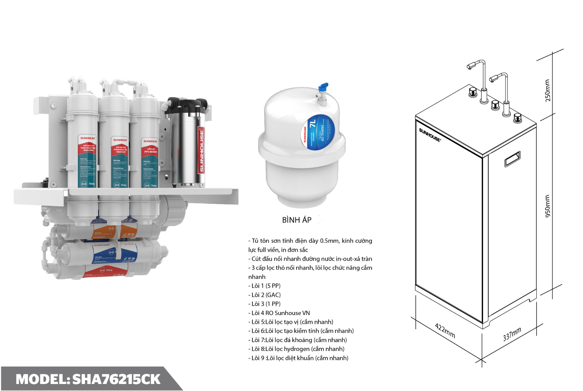 Máy lọc nước R.O nóng lạnh SUNHOUSE SHA76215CK