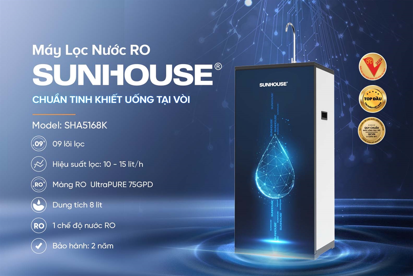 Máy lọc nước ro 09 lõi SUNHOUSE SHA5168K