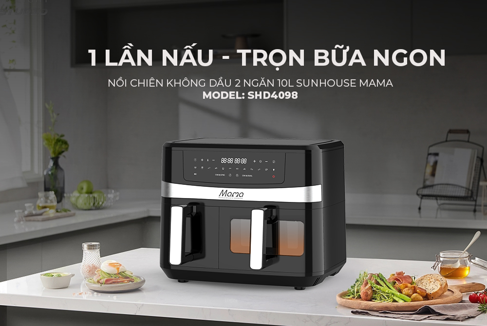 Nồi chiên không dầu 2 ngăn 10L SUNHOUSE MAMA SHD4098