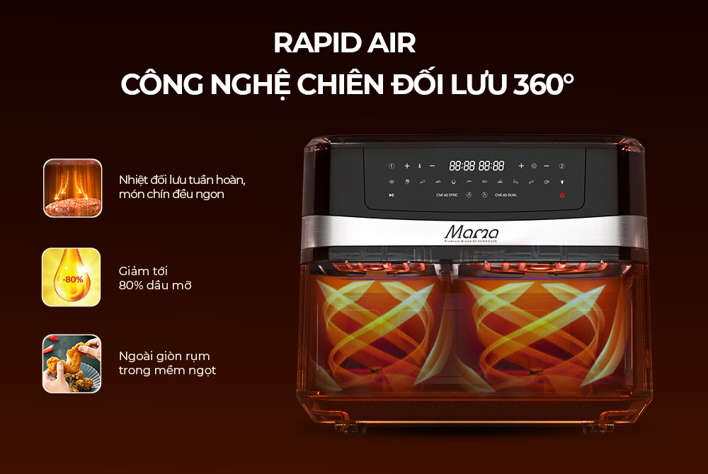 Nồi chiên không dầu 2 ngăn 10L SUNHOUSE MAMA SHD4098