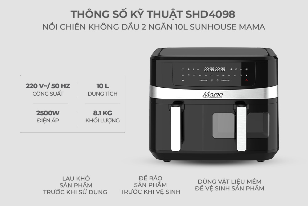 Nồi chiên không dầu 2 ngăn 10L SUNHOUSE MAMA SHD4098