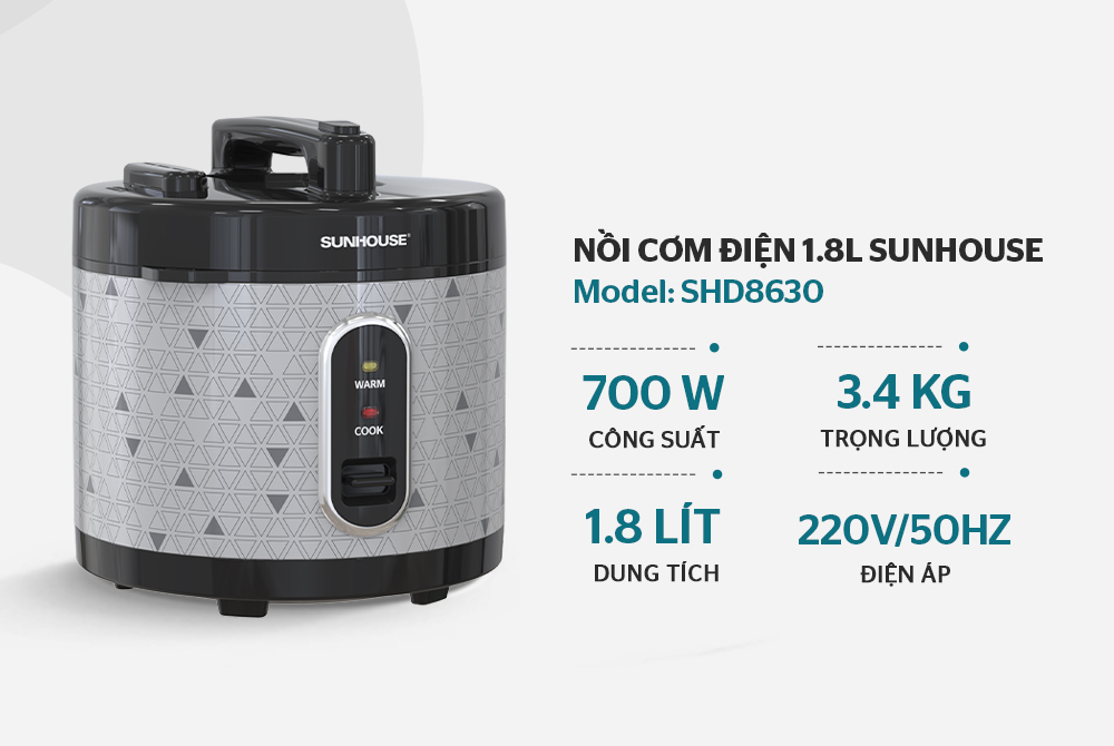 Nồi cơm điện 1.8L SUNHOUSE SHD8630