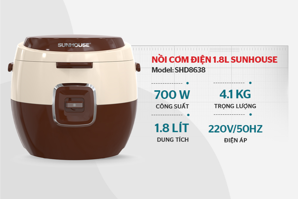 Nồi cơm điện 1.8L SUNHOUSE SHD8638