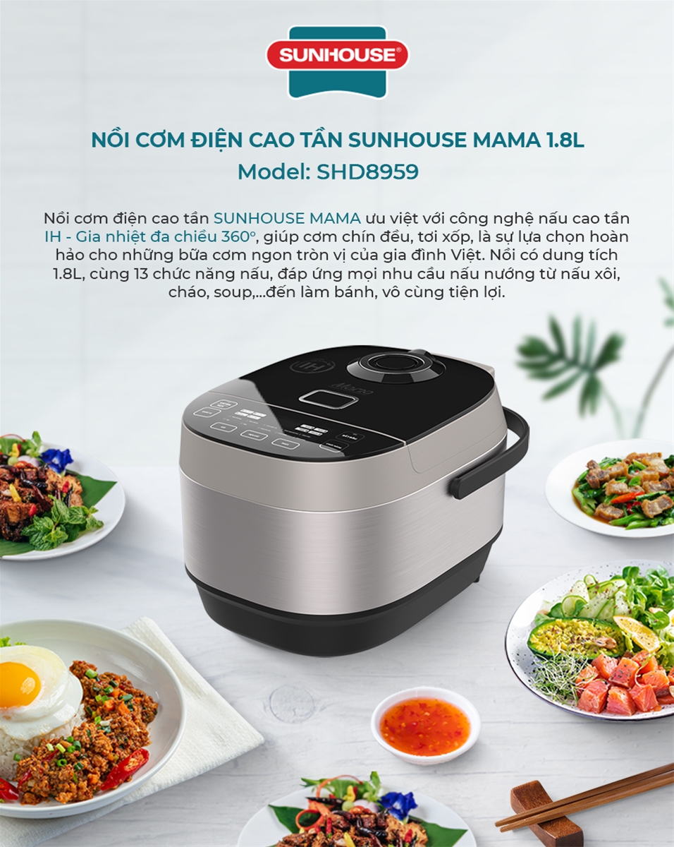 Nồi cơm điện SUNHOUSE SHD8959 - Nhiệt đa chiều, trọn dưỡng chất