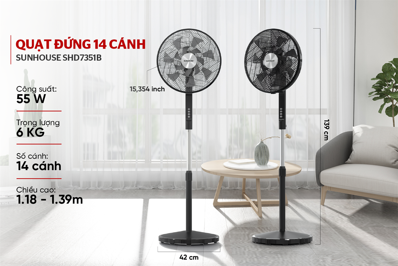 Quạt đứng 14 cánh SUNHOUSE SHD7351B