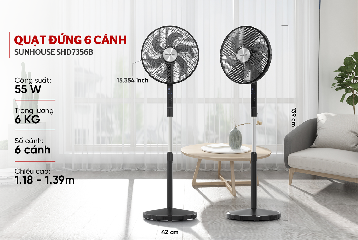 Quạt đứng 6 cánh SUNHOUSE SHD7356B