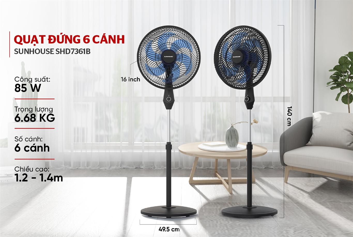 Quạt đứng 6 cánh SUNHOUSE SHD7361B