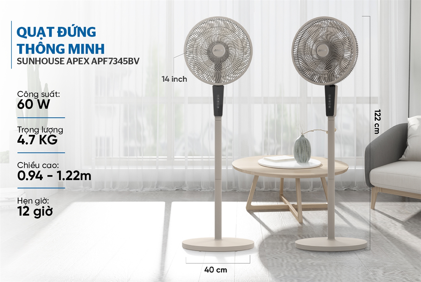 Quạt đứng thông minh SUNHOUSE APEX APF7345BV