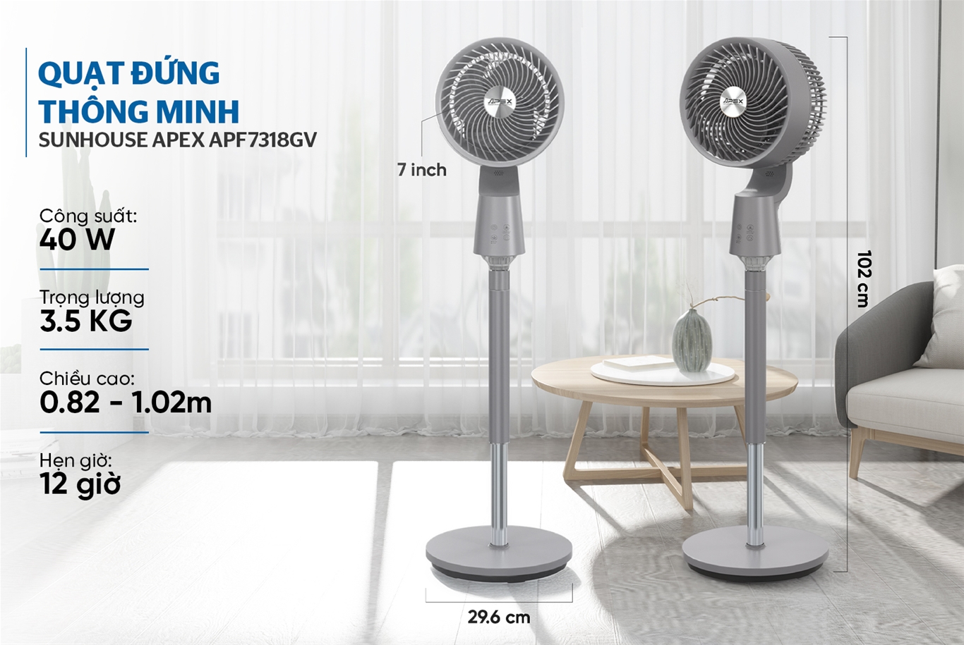 Quạt đứng tuần hoàn thông minh SUNHOUSE APEX APF7318GV