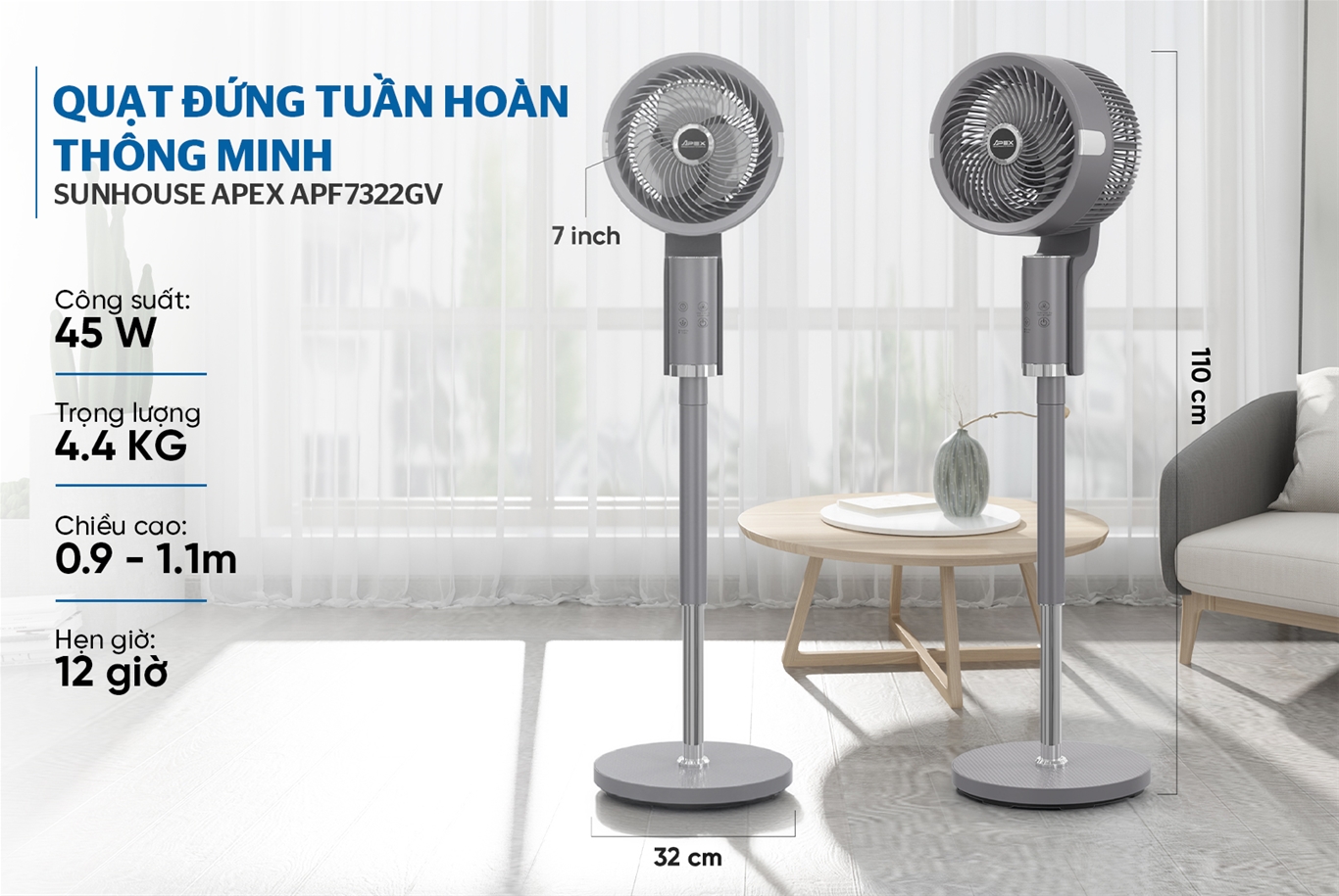Quạt đứng tuần hoàn thông minh SUNHOUSE APEX APF7322GV