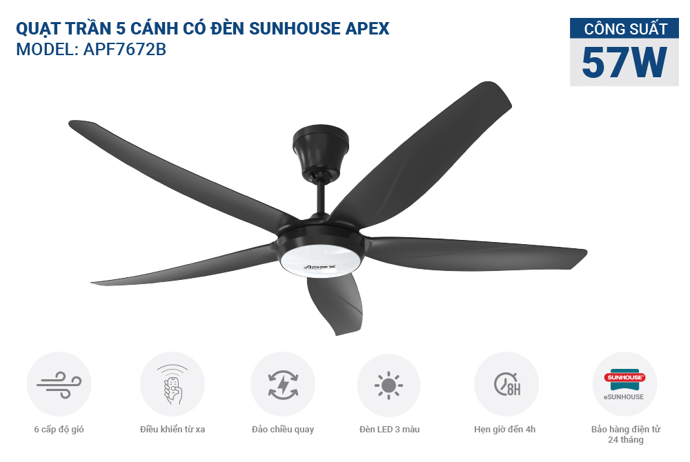 Quạt trần 5 cánh có đèn SUNHOUSE APEX APF7672B