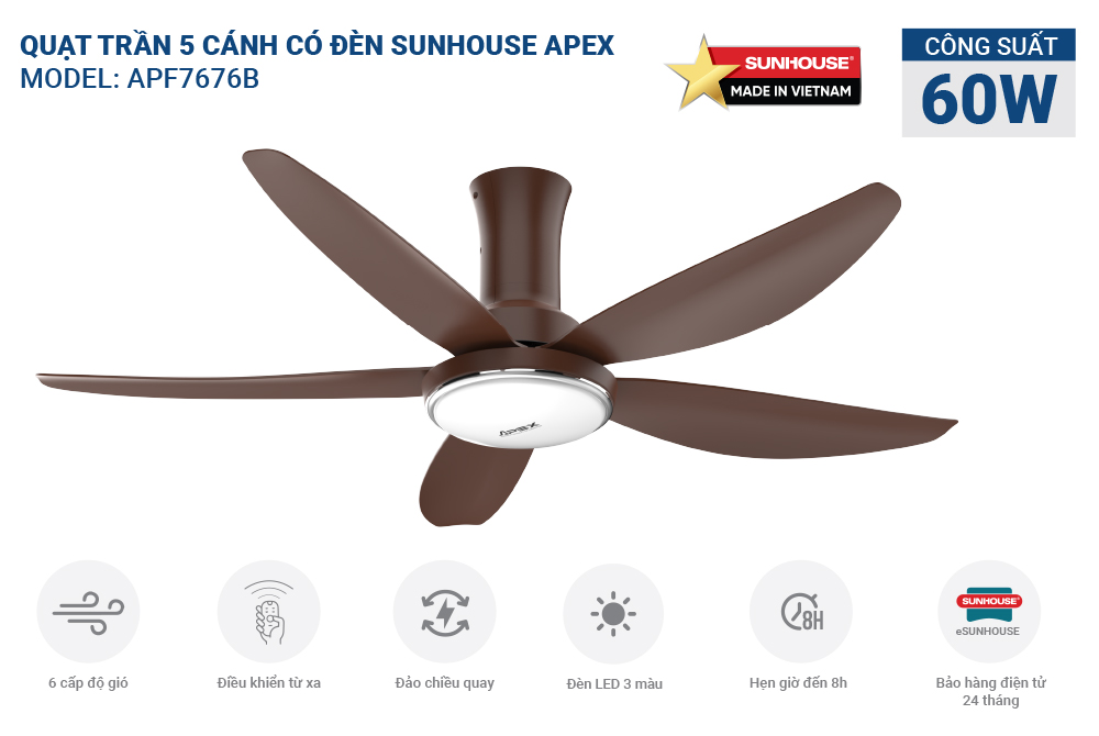 Quạt trần 5 cánh có đèn SUNHOUSE APEX APF7676B