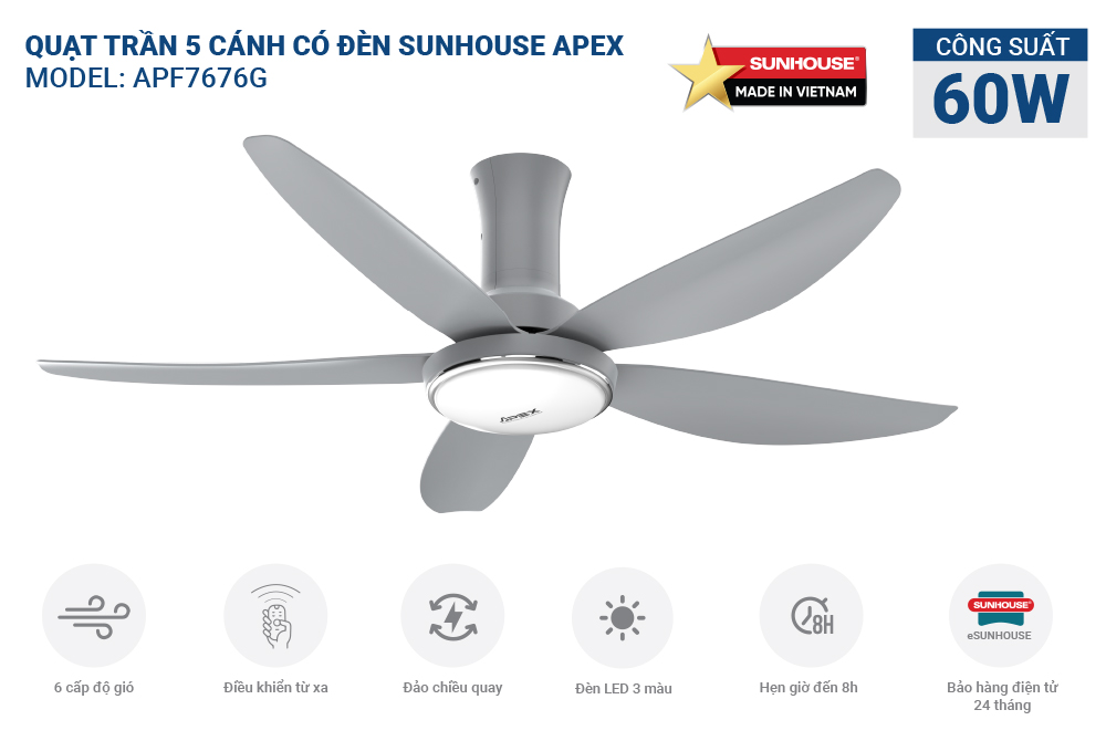Quạt trần 5 cánh có đèn SUNHOUSE Apex APF7676G