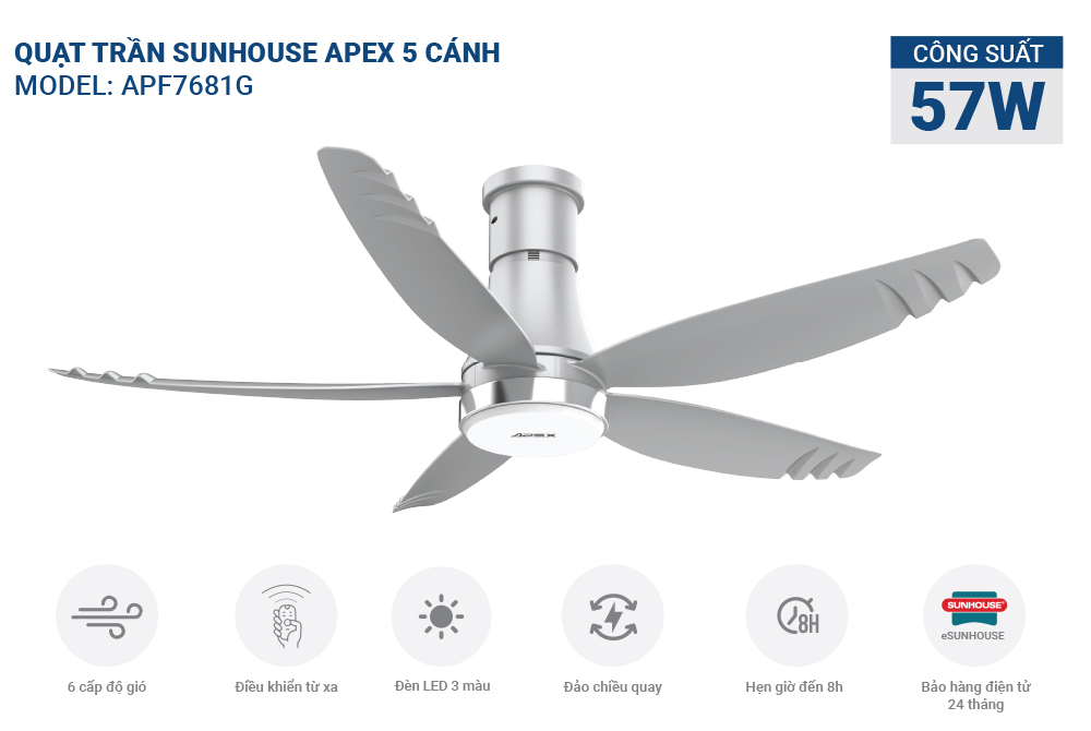 Quạt trần 5 cánh có đèn SUNHOUSE Apex APF7681G