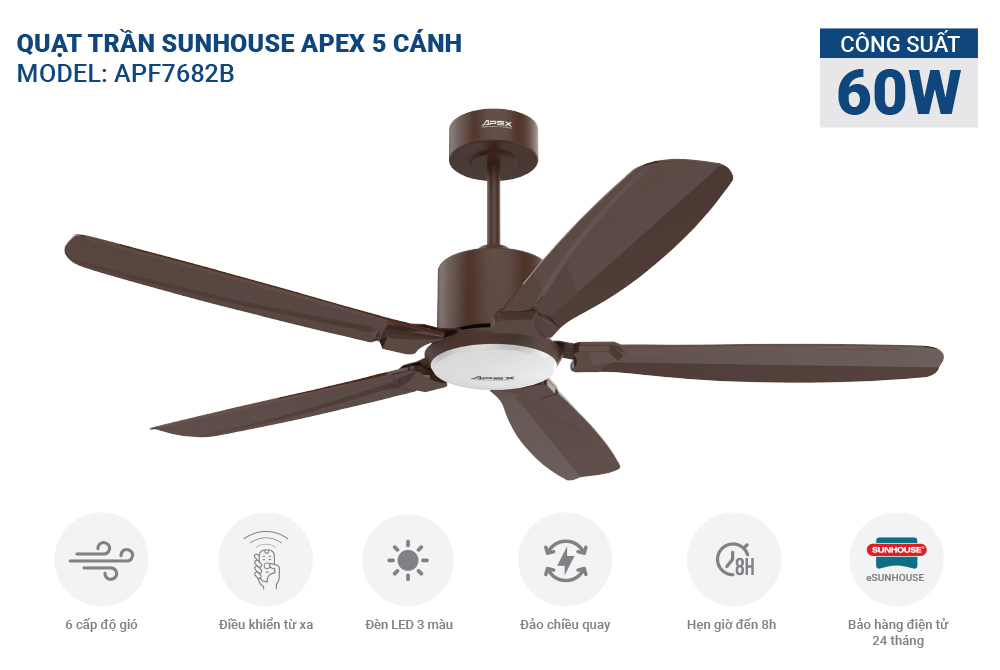 Quạt trần 5 cánh có đèn SUNHOUSE Apex APF7682B