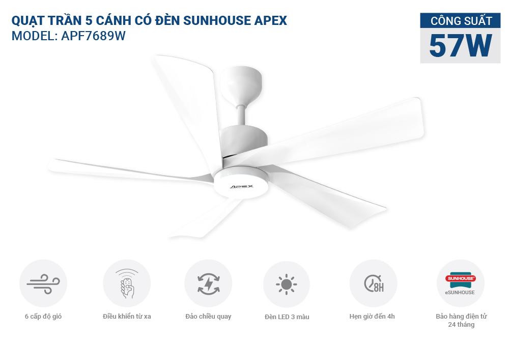 Quạt trần 5 cánh có đèn SUNHOUSE APEX APF7689W