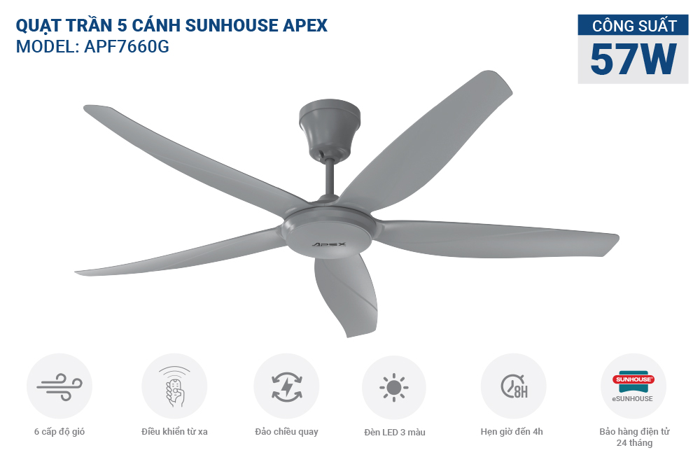 Quạt trần 5 cánh SUNHOUSE APEX APF7660G