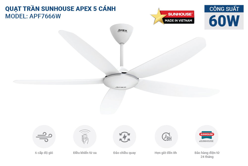 Quạt trần 5 cánh SUNHOUSE APEX APF7666W