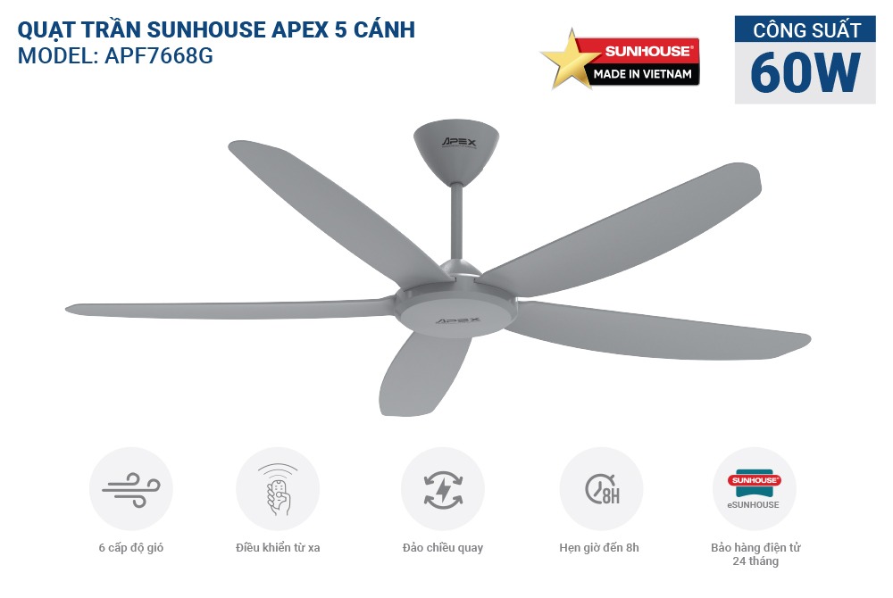 Quạt trần 5 cánh SUNHOUSE APEX APF7668G