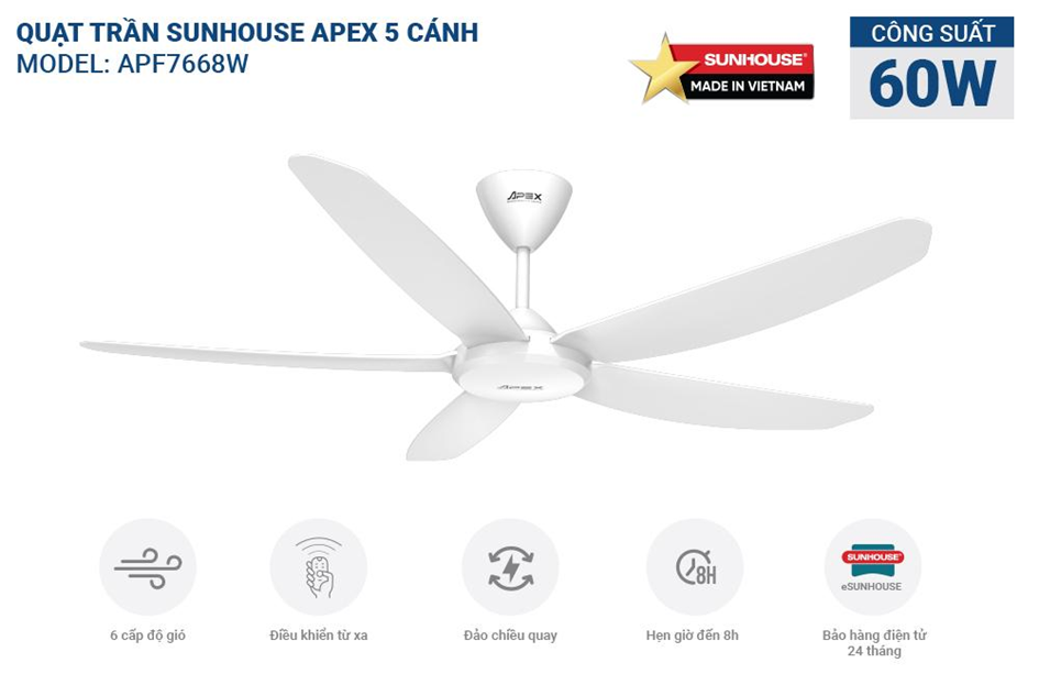 Quạt trần 5 cánh SUNHOUSE APEX APF7668W