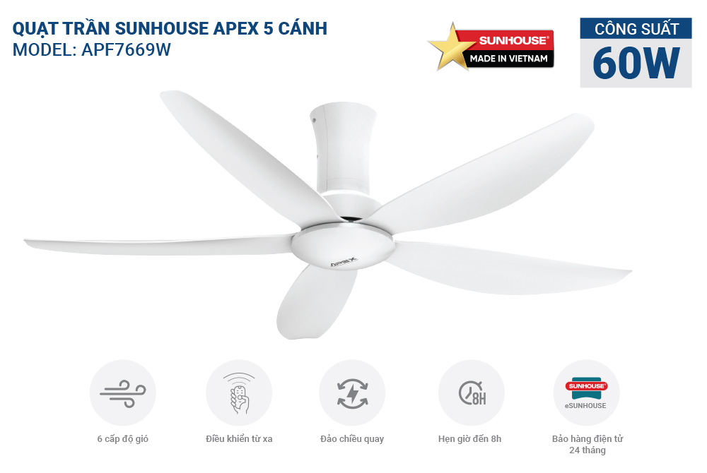 Quạt trần 5 cánh SUNHOUSE APEX APF7669W