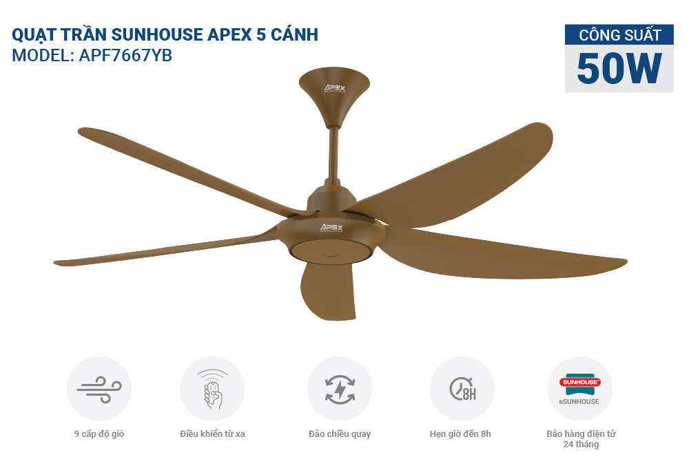 Quạt trần SUNHOUSE APEX 5 CÁNH APF7667YB
