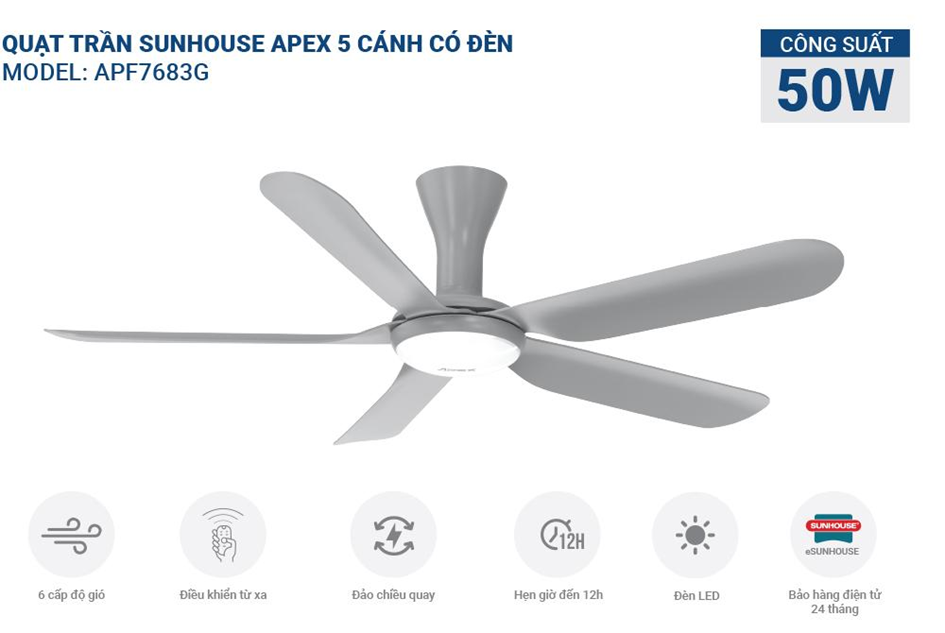 Quạt trần SUNHOUSE APEX 5 CÁNH APF7683G
