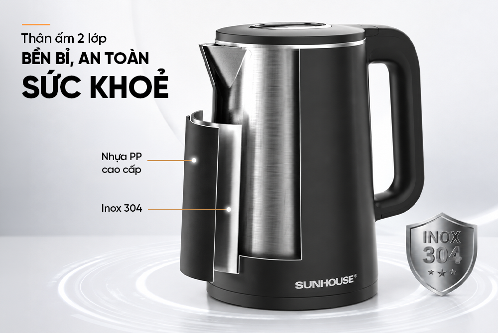 Ấm siêu tốc Inox 2 lớp 1.8L SUNHOUSE SHD1380